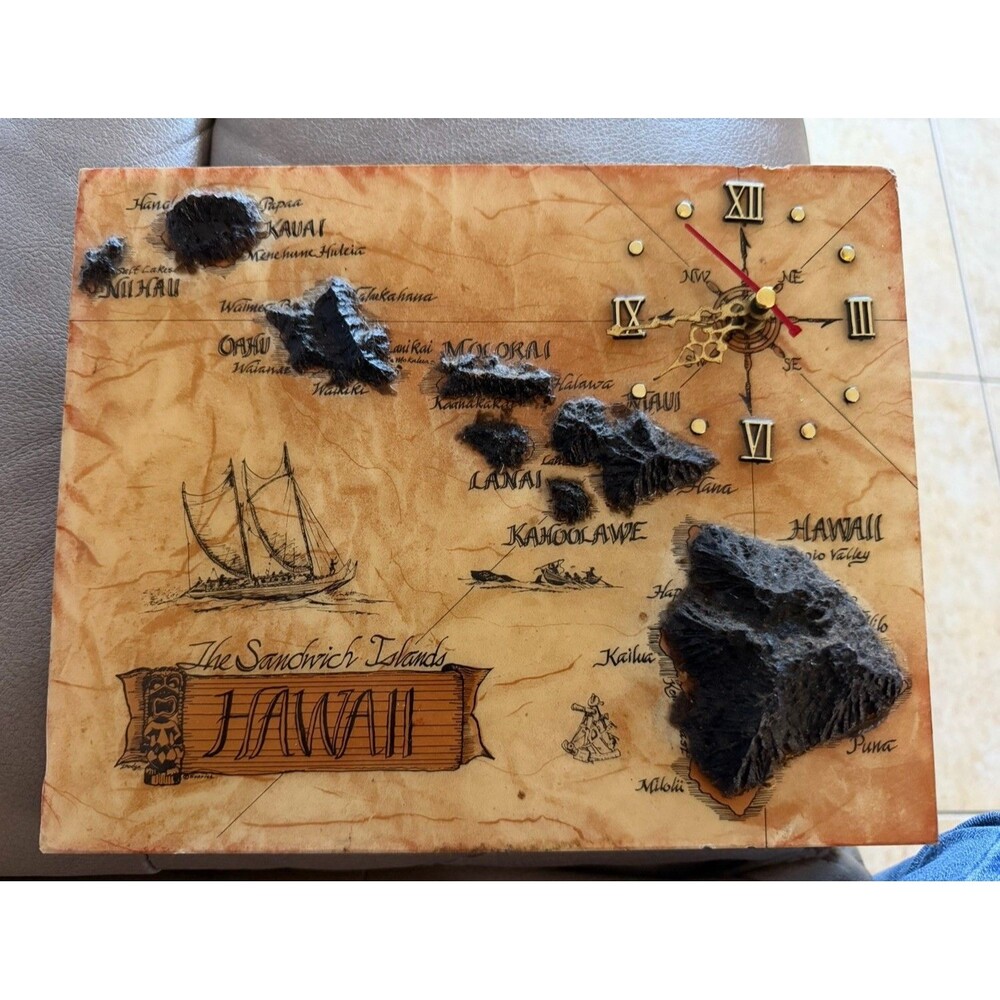 Hawaiian Islands 3D Wood Wall Clock Hawaii Map Quartz Tropical Wall Decor 12”